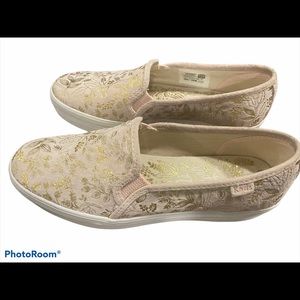 Pink & metallic gold floral print slip on Keds